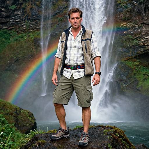 Photograph of a rugged man with short brown hair, wearing a plaid shirt, khaki shorts, hiking vest, and boots, standing on a