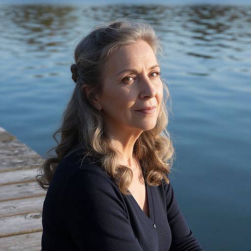 Photograph of a smiling middle-aged woman with wavy gray-blonde hair, wearing a black top, standing by a calm blue lake. Wooden