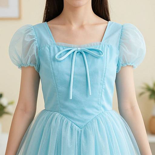 Photograph of a young woman with long black hair wearing a light blue, short-sleeved, puffed-sleeve, tulle dress with