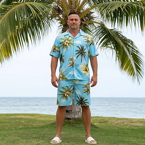 Photograph of a middle-aged man with short brown hair, wearing a light blue tropical shirt and matching shorts, standing in front of a palm tree with