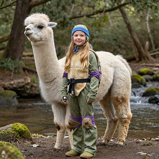 Photograph of a young girl with long blonde hair, wearing a blue hat, green onesie, and boots, standing beside a white llama in a