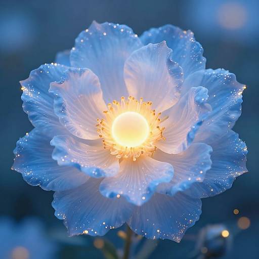 Photograph of a radiant blue flower with delicate petals covered in sparkling water droplets, glowing brightly in the center against a blurred, dark blue background.