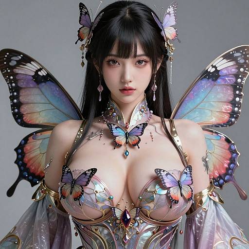 Digital art of a fair-skinned, East Asian woman with long black hair, large butterfly wings, and a revealing, ornate butterfly-adorned