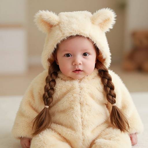 Photograph of a baby with fair skin, brown braided hair, wearing a fluffy, beige, bear-eared onesie, sitting indoors, looking