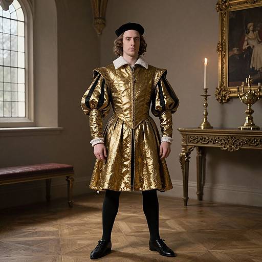 Photograph of a young man with long brown hair, wearing a gold Renaissance-style doublet, black beret, black leggings, and black shoes,