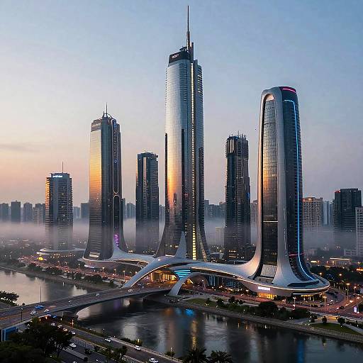 Futuristic Cyberpunk Cityscape at Dusk