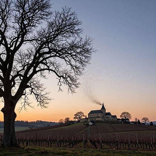 Photograph of a sunset over a vineyard with a silhouetted leafless tree in the foreground, and a small church with a stee