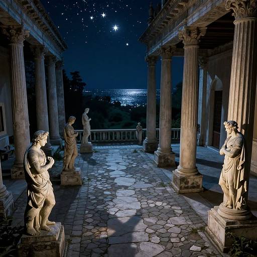 Photograph of a moonlit, classical colonnade with four illuminated marble statues, standing on a stone-paved floor, under a starry night