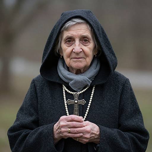 Photograph of an elderly woman with wrinkled skin, gray hair, wearing a black hooded robe, holding a beaded crucifix, outdoors.