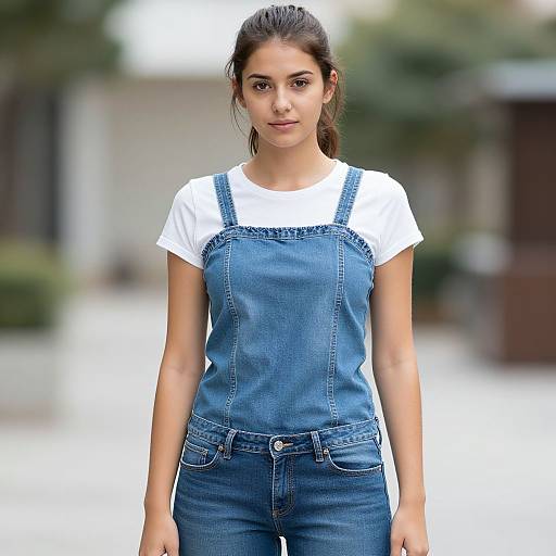 Photograph of a young woman with dark hair in a ponytail, wearing a white t-shirt under blue denim overalls, standing outdoors with a blurred