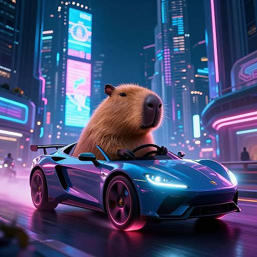 Digital artwork of a beaver driving a neon-lit, futuristic blue sports car in a vibrant, cyberpunk cityscape with glowing skyscrapers.