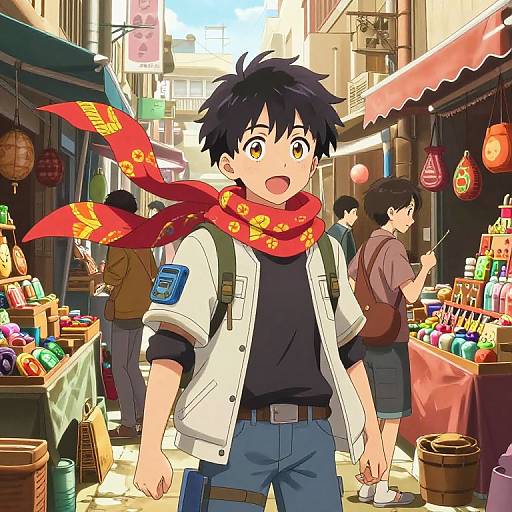 Anime-style drawing of a surprised teenage boy with black hair, red scarf, white jacket, and blue jeans in a colorful, bustling outdoor market.