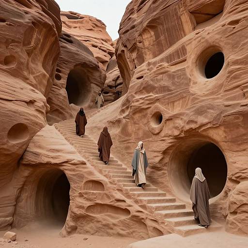 Photograph of four robed individuals ascending steps in a rugged, red-orange sandstone canyon with large circular holes, evoking a desert monastery.