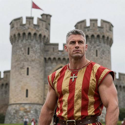 Muscular Man in Medieval Costume by Castle