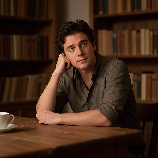 Photograph of a pensive young man with dark hair, wearing a gray button-up shirt, resting his head on his hand at a wooden table in