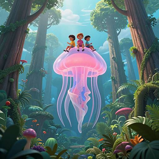 Digital illustration of two children riding a glowing pink jellyfish in a vibrant, sunlit forest with towering trees, mushrooms, and exotic plants.