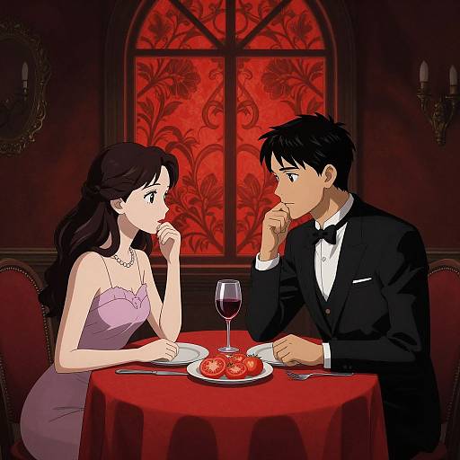 Anime-style digital illustration of a romantic dinner. Man in black tux, woman in pink dress, staring at each other over red tablecloth, wine