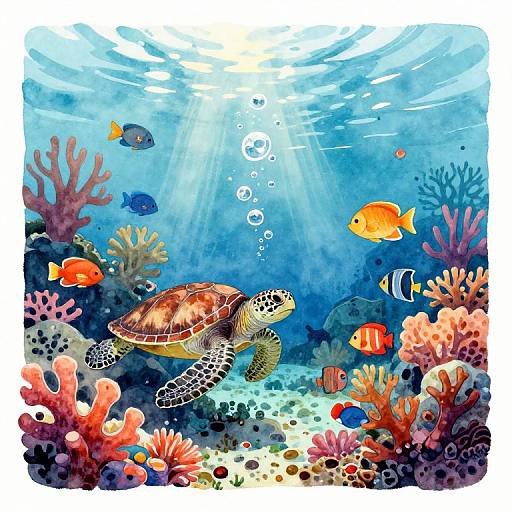 Vibrant underwater scene: colorful fish, coral reefs, and a patterned sea turtle swim beneath sunlight rays. Digital illustration.