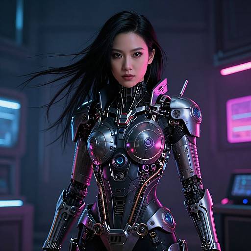Digital art of an Asian woman with long black hair, wearing a futuristic, metallic, cybernetic armor suit in a neon-lit room.