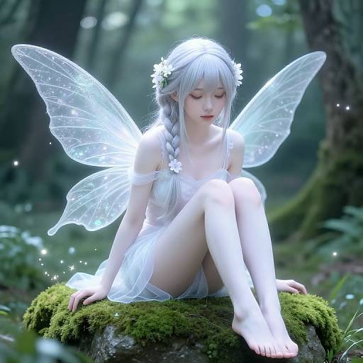 Photorealistic digital art of a fair-skinned, silver-haired fairy with translucent wings, sitting on a mossy rock in a forest, wearing a