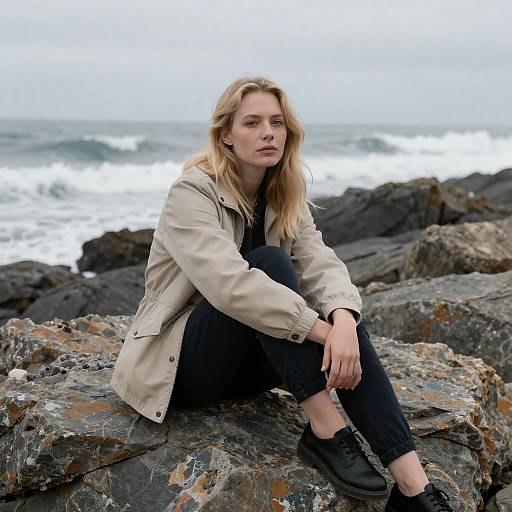 Blonde Woman on Rocky Shoreline