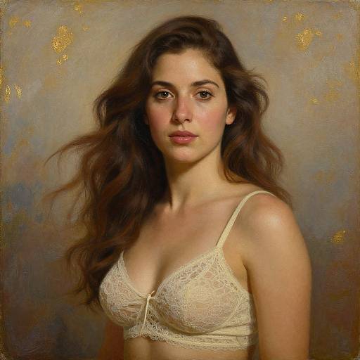 Realistic digital painting of a young woman with long brown hair, wearing a lace beige bra, against a textured, golden-brown background.