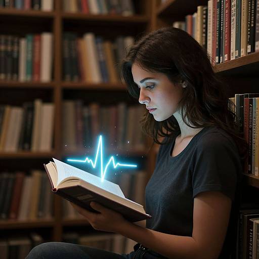 Photograph of a young woman with long dark hair, wearing a black shirt, sitting in a library, reading a book with glowing blue lines.