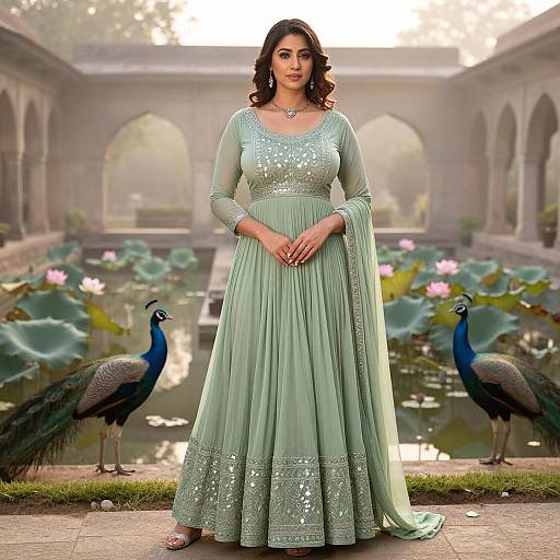 Photograph of a beautiful South Asian woman in a green, sequined traditional dress, standing in a serene garden with two peacocks and a pond
