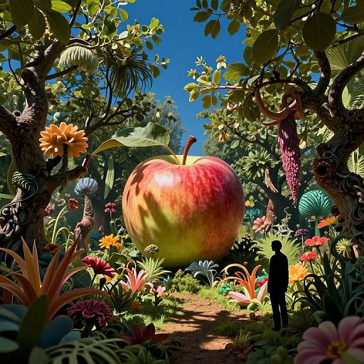 Fantastical CGI garden scene with a gigantic red apple, colorful flowers, and a silhouetted figure amidst whimsical, oversized foliage. Bright