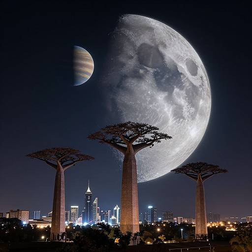 Photograph of a cityscape at night with a massive, detailed full moon and a smaller Jupiter-like planet in the sky, silhouetted by