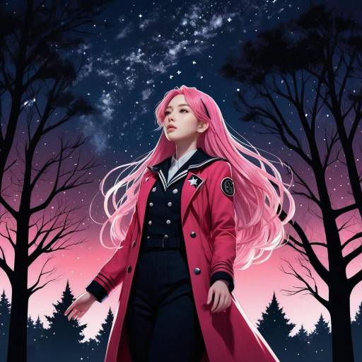 Anime Girl with Pink Hair Under Starry Sky