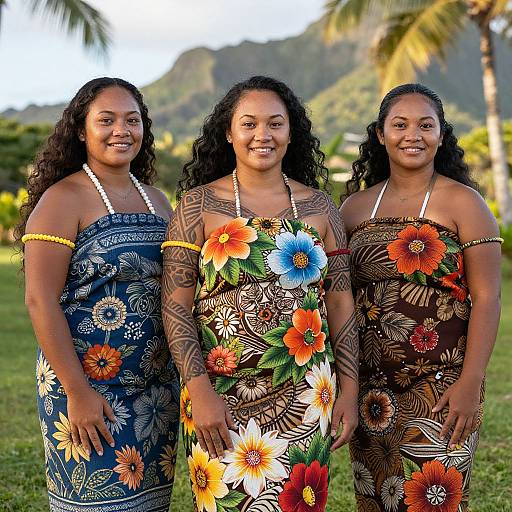 Photograph of three smiling Black women with curly hair, wearing colorful floral dresses with tribal arm tattoos, standing outdoors against a tropical background with palm trees and