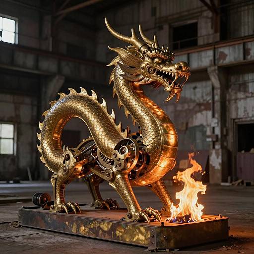 Glimmering Mechanical Dragon in Warehouse