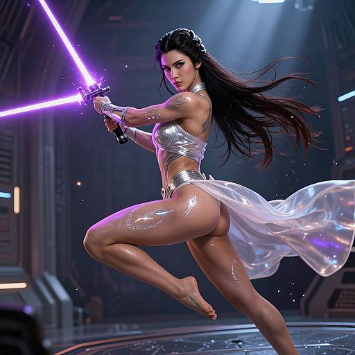 Digital art of a muscular, dark-haired woman wielding a glowing purple lightsaber, wearing a metallic top and sheer skirt, leaping in a futuristic,