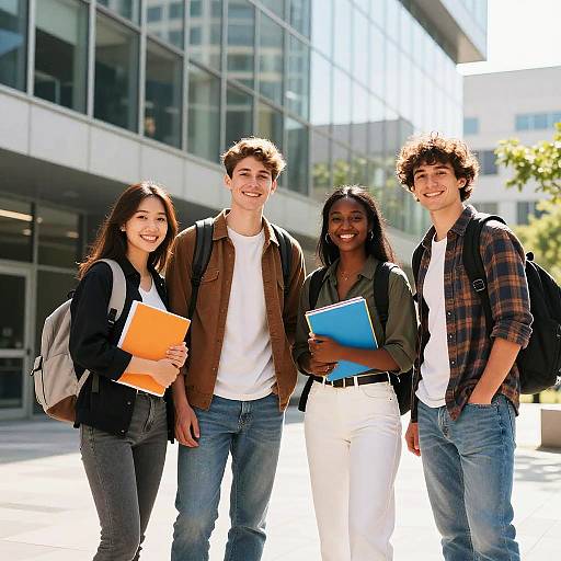 Smiling College Students Outside Modern Campus