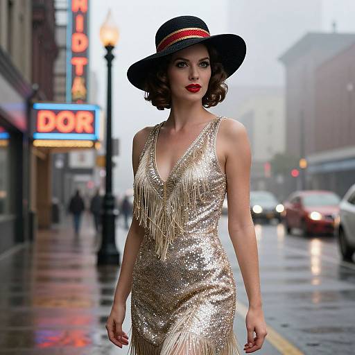 Glamorous Woman in Flapper Dress on Rainy City Street