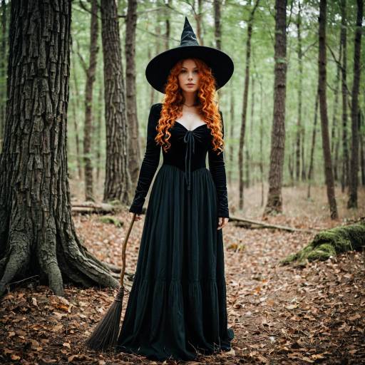 Woman in Witch Costume Holding Broom in Forest