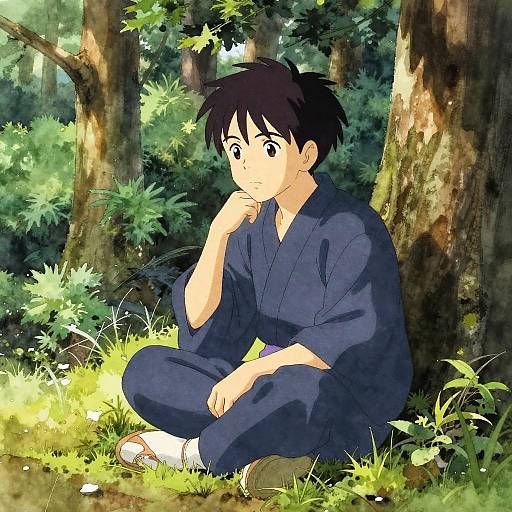 Anime Boy in Serene Forest Clearing