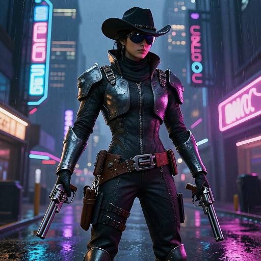 Digital artwork of a cyberpunk female gunfighter in black leather armor, cowboy hat, and sunglasses, wielding dual guns in a neon-lit, rainy