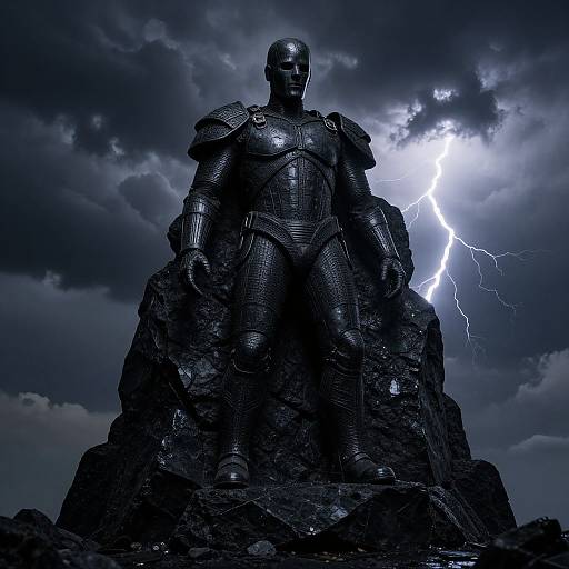 Photograph of a dark, metallic Iron Man statue on a rocky pedestal against a stormy sky with a bright lightning bolt.