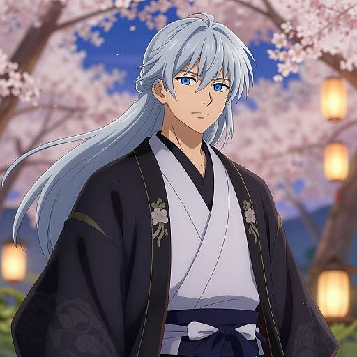 Anime-style drawing of a handsome, blue-eyed man with long, silver hair, wearing a black kimono with white inner robe, standing in front of