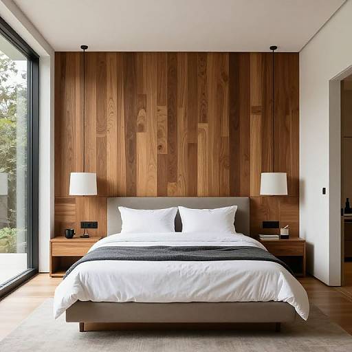 Modern bedroom photograph featuring a wooden accent wall, white bedding, black throw, two white lamps, and large floor-to-ceiling window.