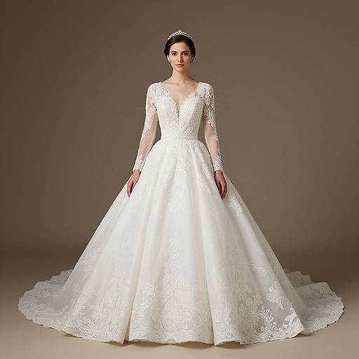 Photograph of a slender, fair-skinned woman in a white, lace-embroidered, long-sleeved, V-neck wedding gown with