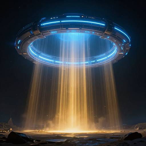 Photorealistic CGI of a futuristic, blue-lit flying saucer with glowing yellow beams descending onto a dark, rocky landscape.