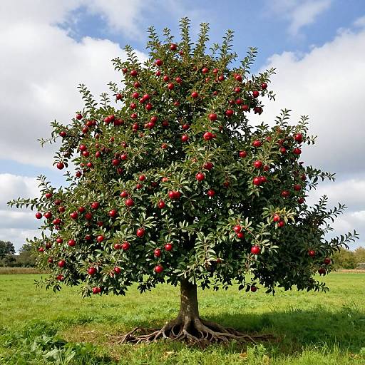 Photograph of a lush apple tree with vibrant red apples, rooted in green grass, under a partly cloudy blue sky.