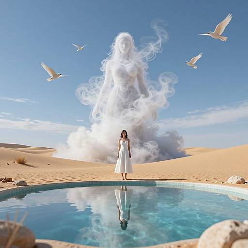 Photograph of a woman in a white dress standing in a desert pool, with a massive smoke cloud rising behind her, surrounded by flying white birds under