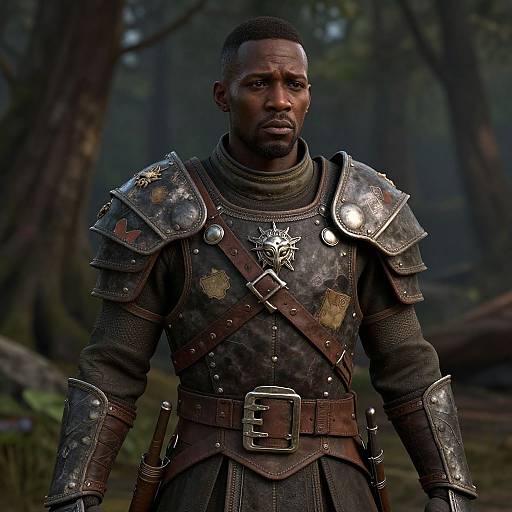 Photograph of a serious, dark-skinned man in medieval-style, worn, metal-armored attire with a brown belt and intricate chest emblem, standing