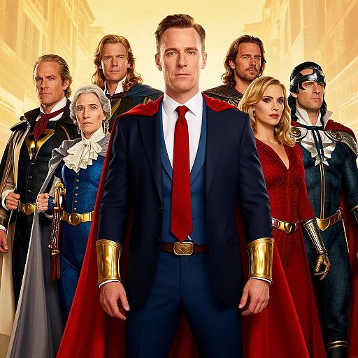 Photograph of a serious group of seven superheroes in historical costumes, centered on a man in a dark suit with red cape and tie, in a glowing