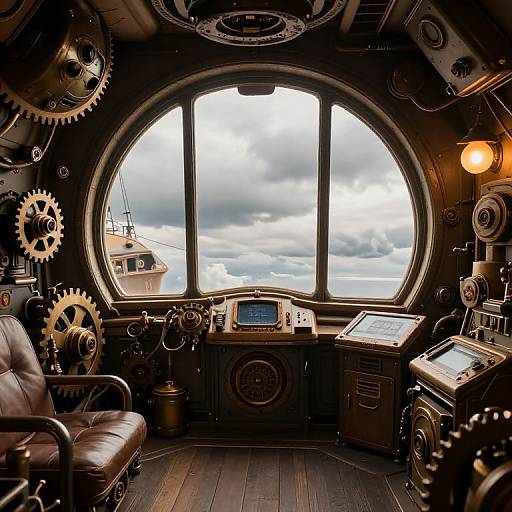 Steampunk cockpit with leather chair, brass gears, wooden panels, circular window showing cloudy sky and distant ship, warm orange light.