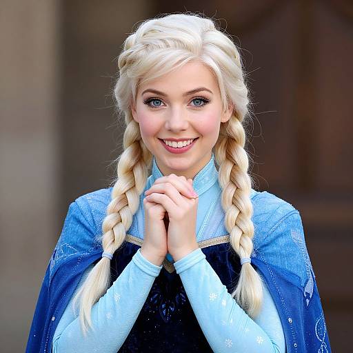 Photograph of a young blonde woman with blue eyes, fair skin, and braided hair, wearing a blue Elsa-inspired dress, smiling, hands clas